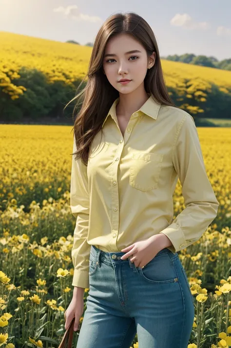 Adult girl, 23 years old. Straight brown hair. Bright green eyes. Slender build. Beautiful appearance. Wearing a yellow checkered shirt and white jeans. In a flower field. Watercolor, illustration, digital painting, Korean girl, realism, manhwa, fresnel li...