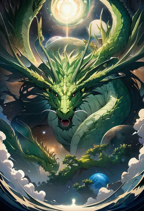 super huge, green dragon, universe, Overbearing,