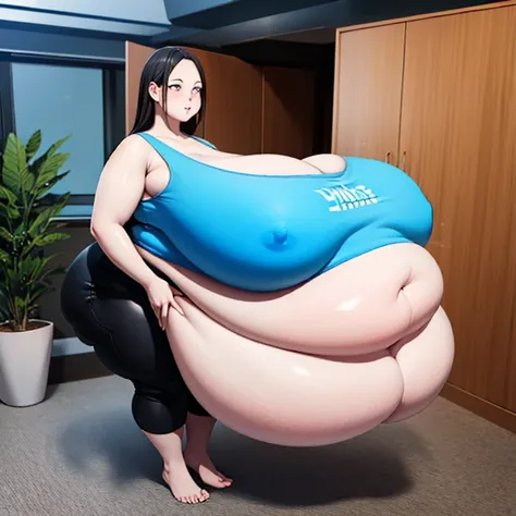 Wii fit trainer, a woman, thick body, extremely white pale skin, a tall and curvy figure, highres, and a hyper massive voluptuous body. She has large thick fat breasts, (gigantic breasts,  1.5), she has thick breasts, an extremely thick giant fat enormous ...