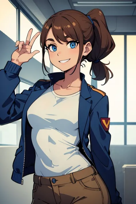 Female, short, slim figure, brown ponytail, smiling, blue eyes, undershirt with jacket