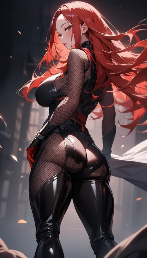 1girl,solo,super detailed skin,shiny skin,natural face,red hair,long hair,forehead,parted bangs,deep detailed eyes,eyelashes,lips gloss ,large breasts,body suit,Shinobi clothes,black boots,fishnet,standing ,beautiful shaped butt,simple background ,from beh...