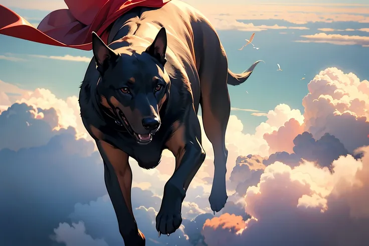 ((masterpiece, Top quality, high resolution)), ((Highly detailed CG unified 8k wallpaper)), A Doberman Pinscher flying above the clouds，Red cape fluttering,