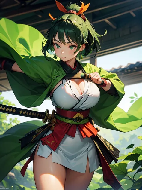 a samurai woman,with voluptuous body,35 year old adult woman.using a green bladed katana,and carrying a green aori with details of nature leaves