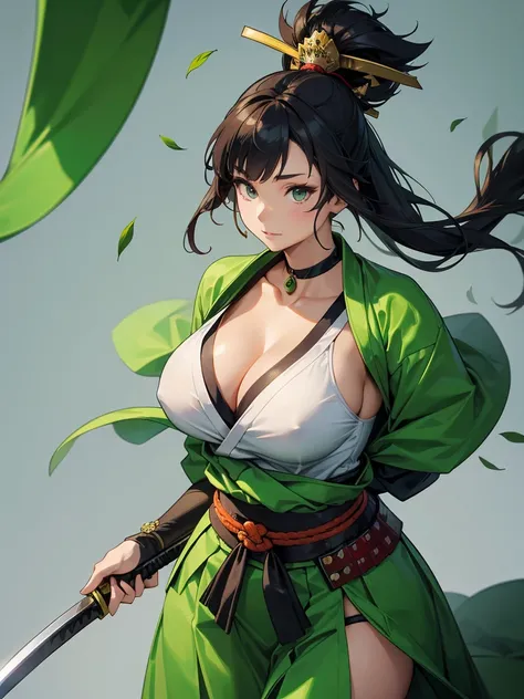 a samurai woman,with voluptuous body,35 year old adult woman.using a green bladed katana,and carrying a green aori with details of nature leaves