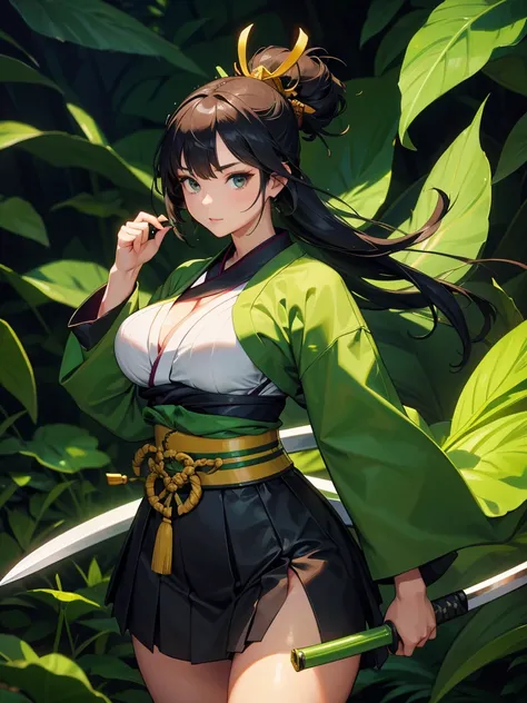 a samurai woman,with voluptuous body,35 year old adult woman.using a green bladed katana,and carrying a green aori with details of nature leaves