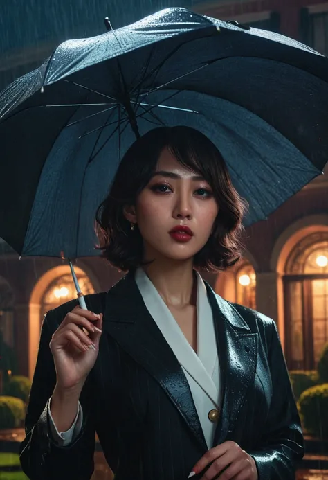 a  mafia woman standing in front of a huge mansion, smoking cigarettes, her assistant holding an umbrella on a rainy night, anime style, detailed facial features, beautiful eyes and lips, cinematic lighting, moody atmosphere, dramatic shadows, vibrant colo...