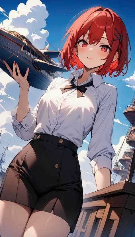 short hair, (Red hair:1.2), x Hair ornament, Red eyes,girl,One person, Collared shirt, Highest quality, masterpiece, High resolution,blue sky、White cloud、airship、plane、