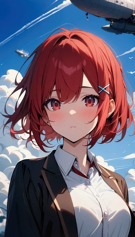 short hair, (Red hair:1.2), x Hair ornament, Red eyes,girl,One person, Collared shirt, Highest quality, masterpiece, High resolution,blue sky、White cloud、airship、plane、