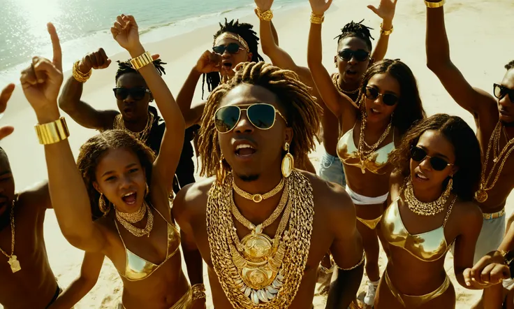 beach party, rap ghetto vibe, group of young girls and boys wearing gold jewelry cheering , 4k realistic, cinematic scene, wide shot from above