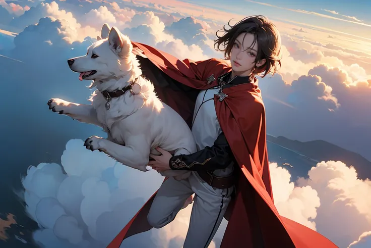 ((masterpiece, Top quality, high resolution)), ((Highly detailed CG unified 8k wallpaper)), A poodle flying above the clouds，Red cape fluttering,