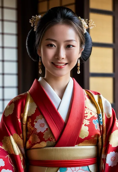 a young woman in traditional japanese 12 layer kimono dress, with white, red and gold colors, smiling directly at the camera, medium build, around 20 years old, long hair, beautiful, imperial palace, heian period, (best quality,4k,8k,highres,masterpiece:1....