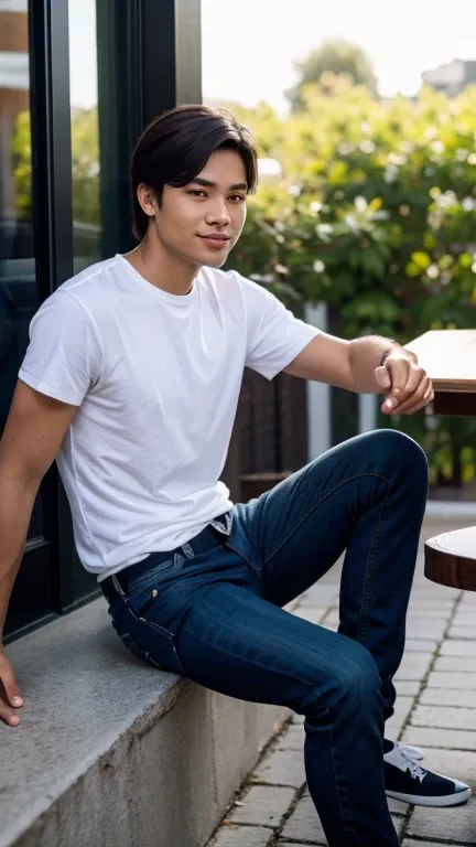 solo , 1man , thai man Sitting , white shirt , black jeans , happy , sit