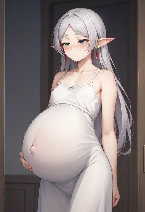 Nereil、
Freezing、Flat Chest、Pointy Ears, Long Hair, jewelry, Green Eyes, Earrings, clavicle, Mouth closed, Thick eyebrows, Gray Hair、Expressionless、blush、Half-closed eyes、Bedroom、Pregnant women、Huge pregnant womans belly:2、White camisole long dress、Are sta...