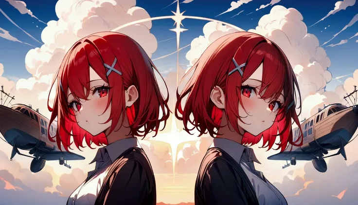 short hair, (Red hair:1.2), x Hair ornament, Red eyes,girl,One person, Collared shirt, Highest quality, masterpiece, High resolution,blue sky、White cloud、airship、plane、