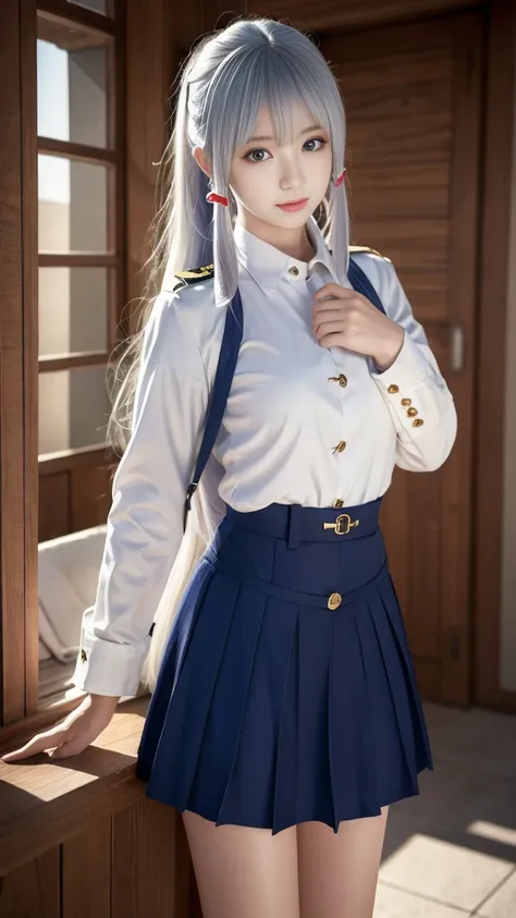 Reality, high resolution, Soft lighting, 1 female, Solitary, Hips up, blue eyes, White long hair, military uniform, jacket, shirt, skirt