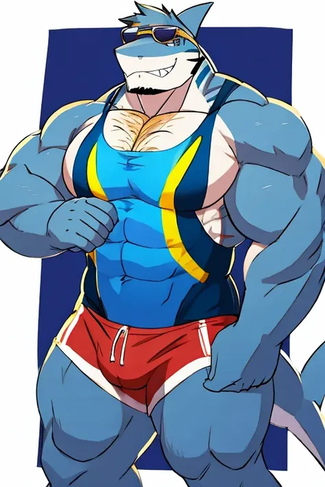 Muscular and hairy shark , Sunglasses, in a swimsuit 