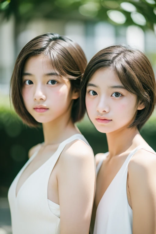 lens: 135mm f1.8,(Highest quality),(Tabletop:1.1), (Beautiful 14-year-old Japanese identical twin sisters),  (Moisturized lips), (Narrow eyes, double eyelid,Delicate clavicle,Flat Chest,Very short hair)