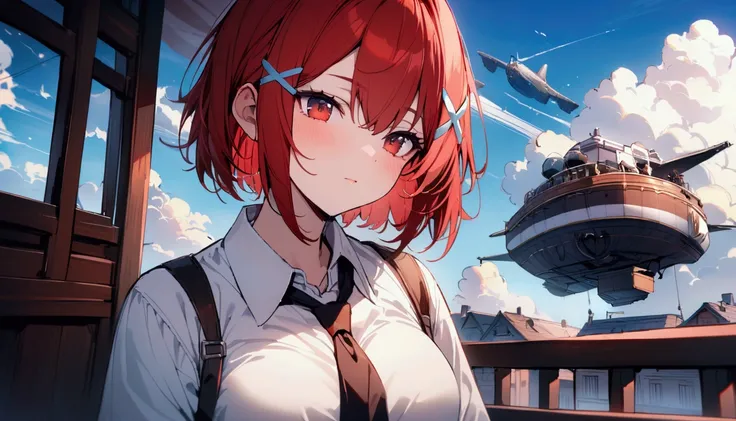 short hair, (Red hair:1.2), x Hair ornament, Red eyes,girl,One person, Collared shirt, Highest quality, masterpiece, High resolution,blue sky、White cloud、airship、plane、