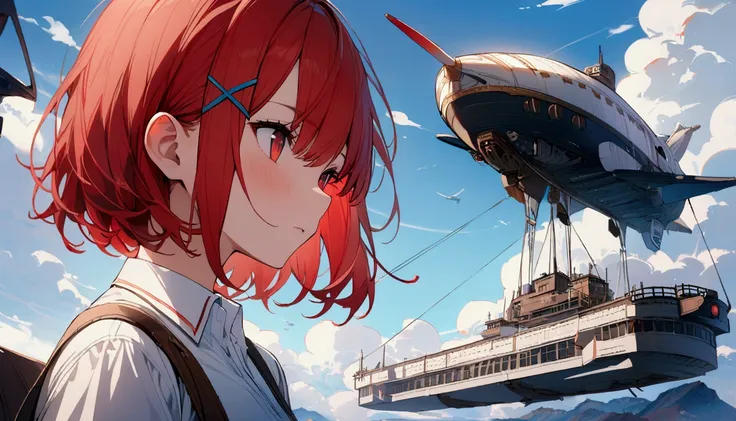 short hair, (Red hair:1.2), x Hair ornament, Red eyes,girl,One person, Collared shirt, Highest quality, masterpiece, High resolution,blue sky、White cloud、airship、plane、