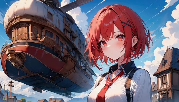 short hair, (Red hair:1.2), x Hair ornament, Red eyes,girl,One person, Collared shirt, Highest quality, masterpiece, High resolution,blue sky、White cloud、airship、plane、