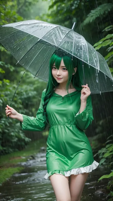 Green haired anime girl wearing a green dress,Pouring rain,forest