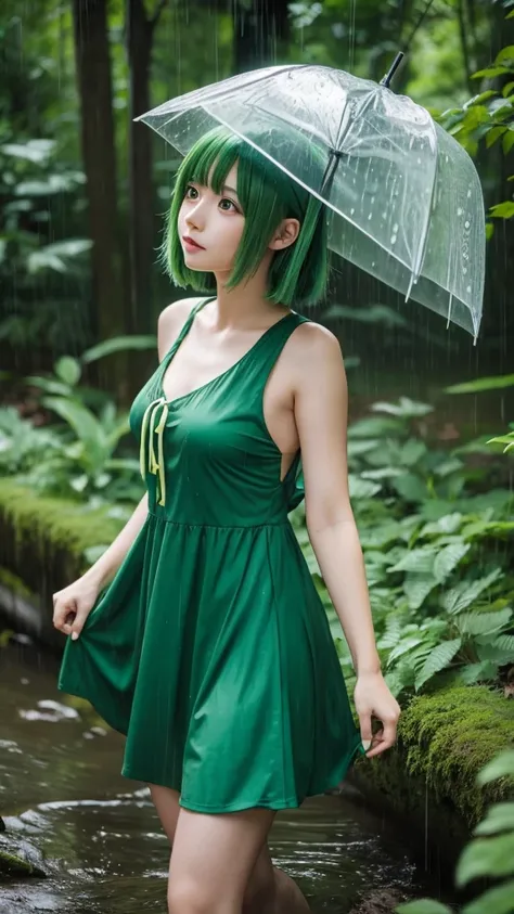 Green haired anime girl wearing a green dress,Pouring rain,forest