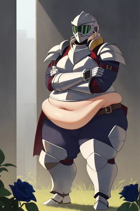 Original Character, Fantasy Concept Art, Volumetric Lighting, Best Shadows, Shallow Depth of Field, Portrait Of Noble Knight Man, Dignified, Delicate Tactical Heavy Armor, Thick Thighs, Opaque Visor, Face Armor, Pauldrons, Obese Girl, Fat Belly, Tasset Bel...