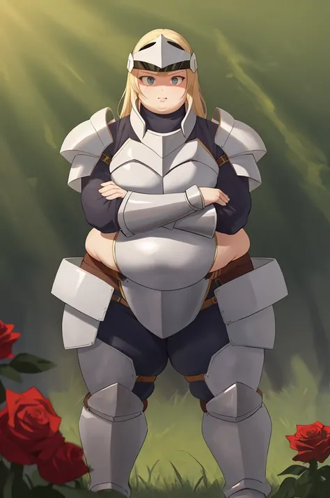 Original Character, Fantasy Concept Art, Volumetric Lighting, Best Shadows, Shallow Depth of Field, Portrait Of Noble Knight Man, Dignified, Delicate Tactical Heavy Armor, Thick Thighs, Opaque Visor, Face Armor, Pauldrons, Obese Girl, Fat Belly, Tasset Bel...