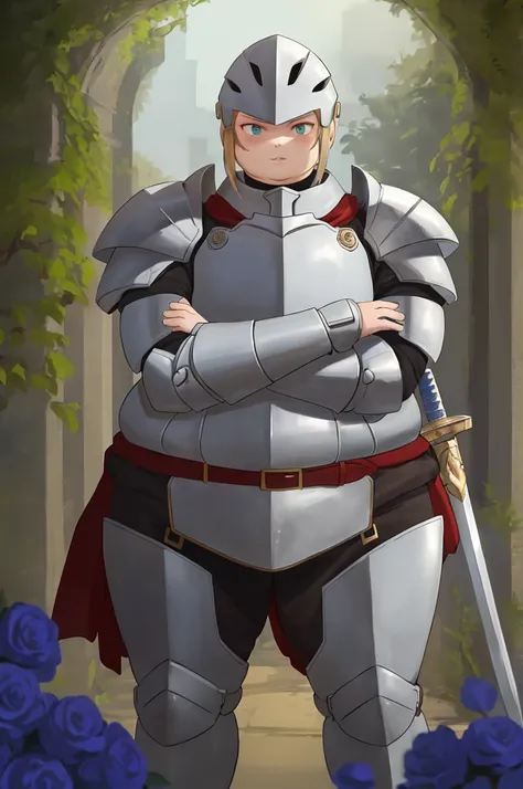 Original Character, Fantasy Concept Art, Volumetric Lighting, Best Shadows, Shallow Depth of Field, Portrait Of Noble Knight Man, Dignified, Delicate Tactical Heavy Armor, Thick Thighs, Opaque Visor, Face Armor, Pauldrons, Obese Girl, Fat Belly, Tasset Bel...