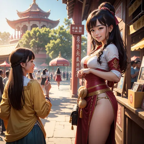 A beautiful, realistic young woman smiles, standing in a temple fair amusement park. Wide viewing angle see the scenery