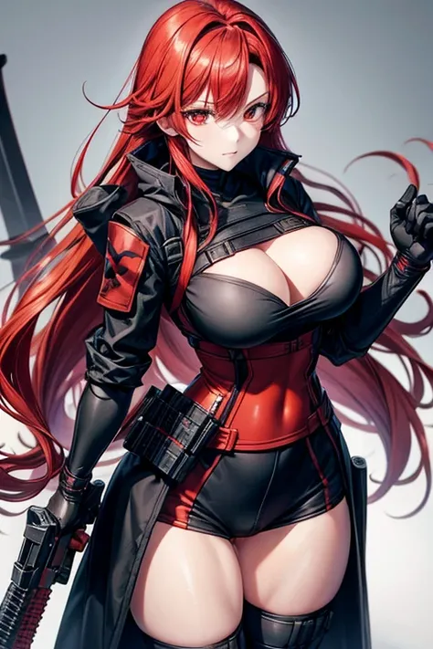 A redhead girl, red eyes, busty, firm thighs, beautiful body, Long hair, black combat suit, Black mask,2 katanas sheathed on his back and an assault rifle in his hands.