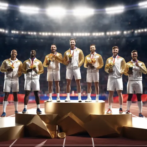 a group of male olympic athletes on a podium receiving gold, silver and bronze medals, highly detailed, photorealistic, 8k, hyperrealistic, award ceremony, winners, sports, competition, audience, stadium, cheering crowd, dramatic lighting, cinematic compos...