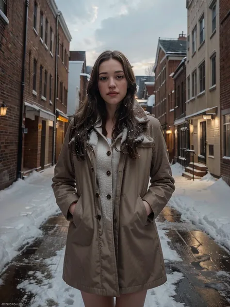 Kat Dennings with long brown hair, wearing a white winter coat, standing on a snowy street, (best quality,4k,8k,highres,masterpiece:1.2),ultra-detailed,(realistic,photorealistic,photo-realistic:1.37),beautiful detailed eyes,beautiful detailed lips,extremel...