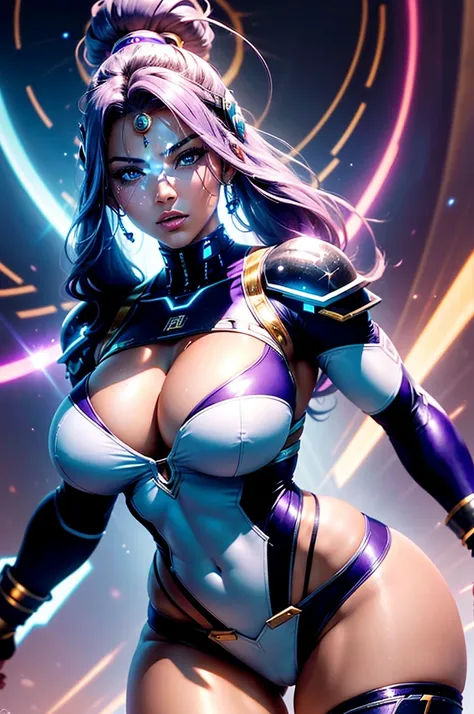 A perfect sexy and beautiful, exuberant and very young cybernetic android warrior with black African and oriental features, Japanese and Chinese, mixed with the clone of the Greek warrior goddess Athena, with huge super ultra mega giant breasts, Brunetette...