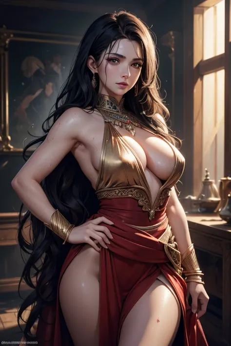 a beautiful hot  and sexy ozbek princess, fitted red sharara, long wavy black hair, pale skin, entire body covered in glistening sweat, sweat dripping from armpits, large breasts visible, nipples visible, hand on waist, detailed facial features, (best qual...