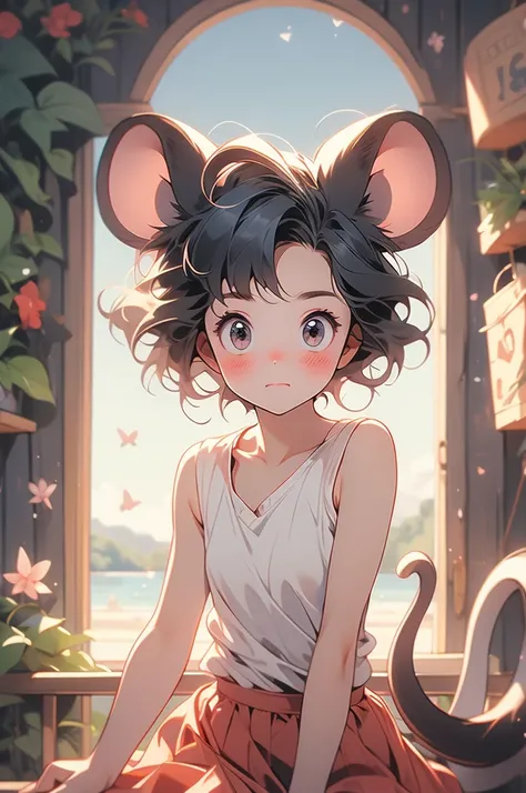 tiny woman, shy, blushing, fiddling with skirt, tank top, small, tiny, , mouse tail, mouse ears, looking up at viewer