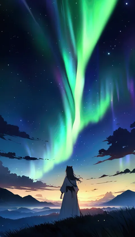 , night, , 綺麗なnight空, Plains, Calm feeling, space, The moonlight illuminates the world, masterpiece, Aurora,