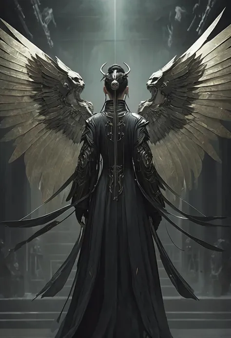  Artistic details, Cyberpunk Chinese Mythology, Beautiful wings and wings formed from junk、back、back、Epic science fiction fantasy, center, In the style of Nick Alm&#39;fantastic future fantasy, dark prism, dark, Metal composition, 