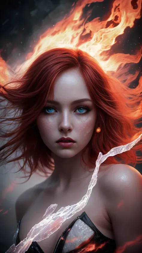 a beautiful woman, detailed eyes,detailed lips,extremely detailed face,longeyelashes,flowing red hair,glowing skin,ice crystals on skin,fire aura surrounding body,dramatic lighting,cinematic composition,fantasy,ethereal,surreal,dramatic,moody,chiaroscuro,d...