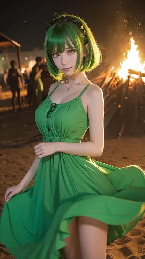 Green haired anime girl wearing a green dress,Bonfire,