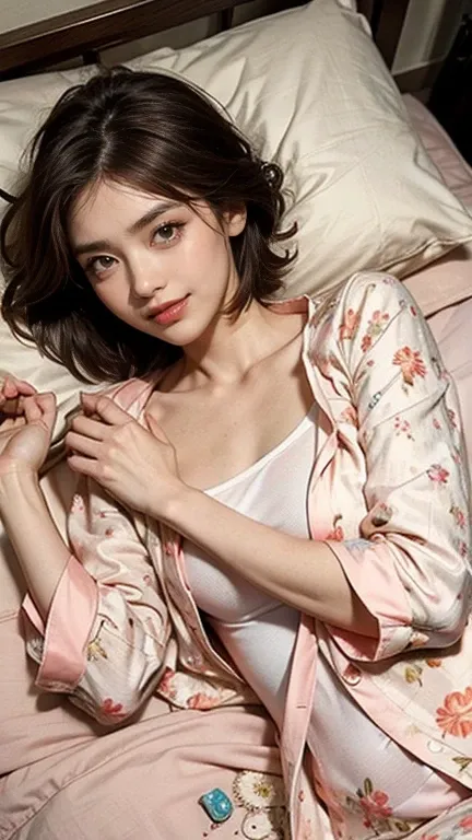 A cute girl lying face down on the bed is smiling, 22 years old, Realistic, She wears a short, She is wearing floral pajamas, short hair.