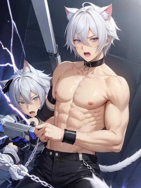 1 young person,alone,18-year-old,male,Shocked facial expression,blush,good looking,White hair Blue eyes,Purple eyes, Cat ear　Side view　Open your legs　Open your mouth and scream　suffer　Sleeveless, wistful expression　Exposure to electricity　Gets done　Thick t...