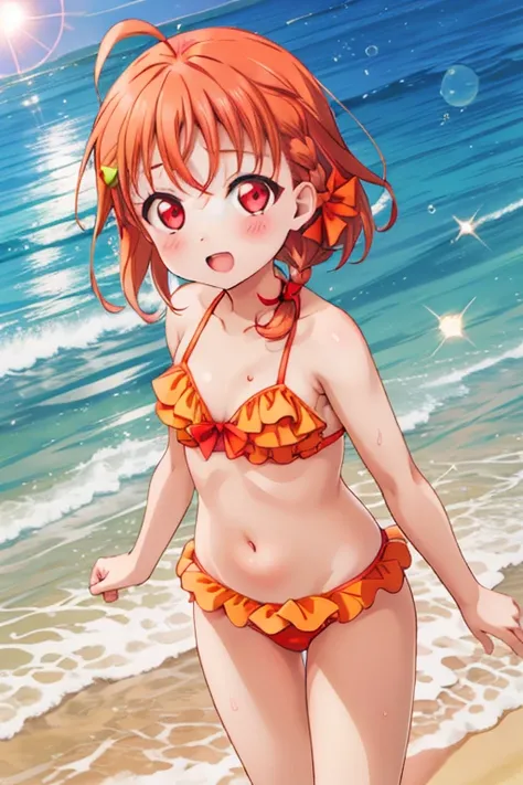 1 girl, alone, takami chika, red eyes, Braid, hair ribbon, Ahoge, outdoor, Orange bikini swimsuit、Ocean、Sandy Beach、ultra hi resolution picture、Depth of written boundary、Lens flare、whole body