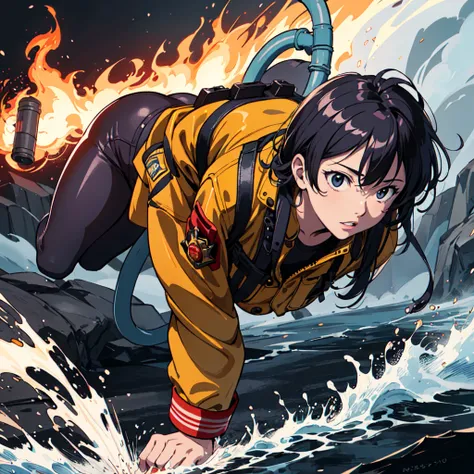 anime Firefighter with a hose and a fire hose, Anime drawings inspired by Katsuhiro Otomo, Pixiv, What it is？, Firefighter, Firefighter, Dynamic Guidance Art, Dynamic Guidance Artwork, kastuhiro otomo, Kentaro Miura&#39;s Manga Art Style, High-quality artw...