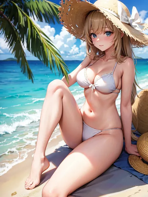 barbara,Sandy Beach,White Bikini,Straw hat