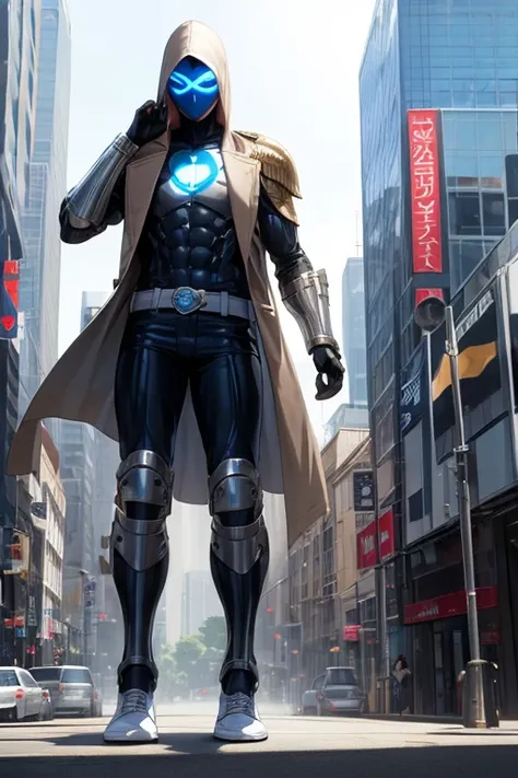 ((best quality)), ((masterpiece)), (detailed), 1 boy in a trench coat standing on a building, full body, 19 years old, masked, white mask covering his entire head and hair, mask, black protective glasses, blue eyes, black face mask, no hair, tall and slend...