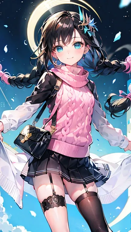 Tazune rirei, 8k, ultra-detailed, Masterpiece, best quality, perfect lighting, aqua eyes, black hair, braid hair, ((pink sweater with vertical lines)), black pleated skirt, earrings, garter belt, black thigh-high socks, black platform shoes,, small handbag...