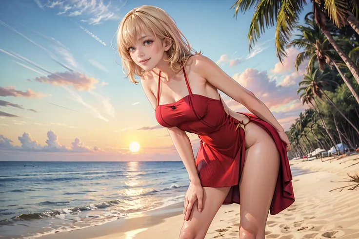 masterpiece, photorealistic:1.4, beautiful 22 year old woman, , elegant, beautiful,  blond_hair,   blonde,  sunset, red_dress,  ...