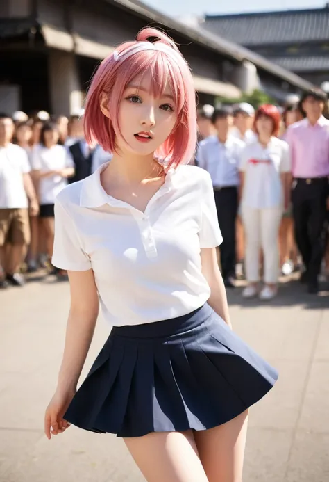 masterpiece, best quality, high resolution, absurd, 1 Girl, crowd, skirt, Pink Hair, Kasai Yuno, From below, Revealing clothes, Skin Indentation, outdoor, Sunlight, street, Looking at the audience, blush,