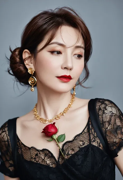 8K, RAW photos, Fujifilm, Stylized photo of a beautiful 45-year-old woman, Square face, There is a red rose on the neck, Wearing a black lace dress with red, Gold earrings, As powerful as a spinning pigeon, (Highly refined skin: 1.2), Medium brown hair wit...